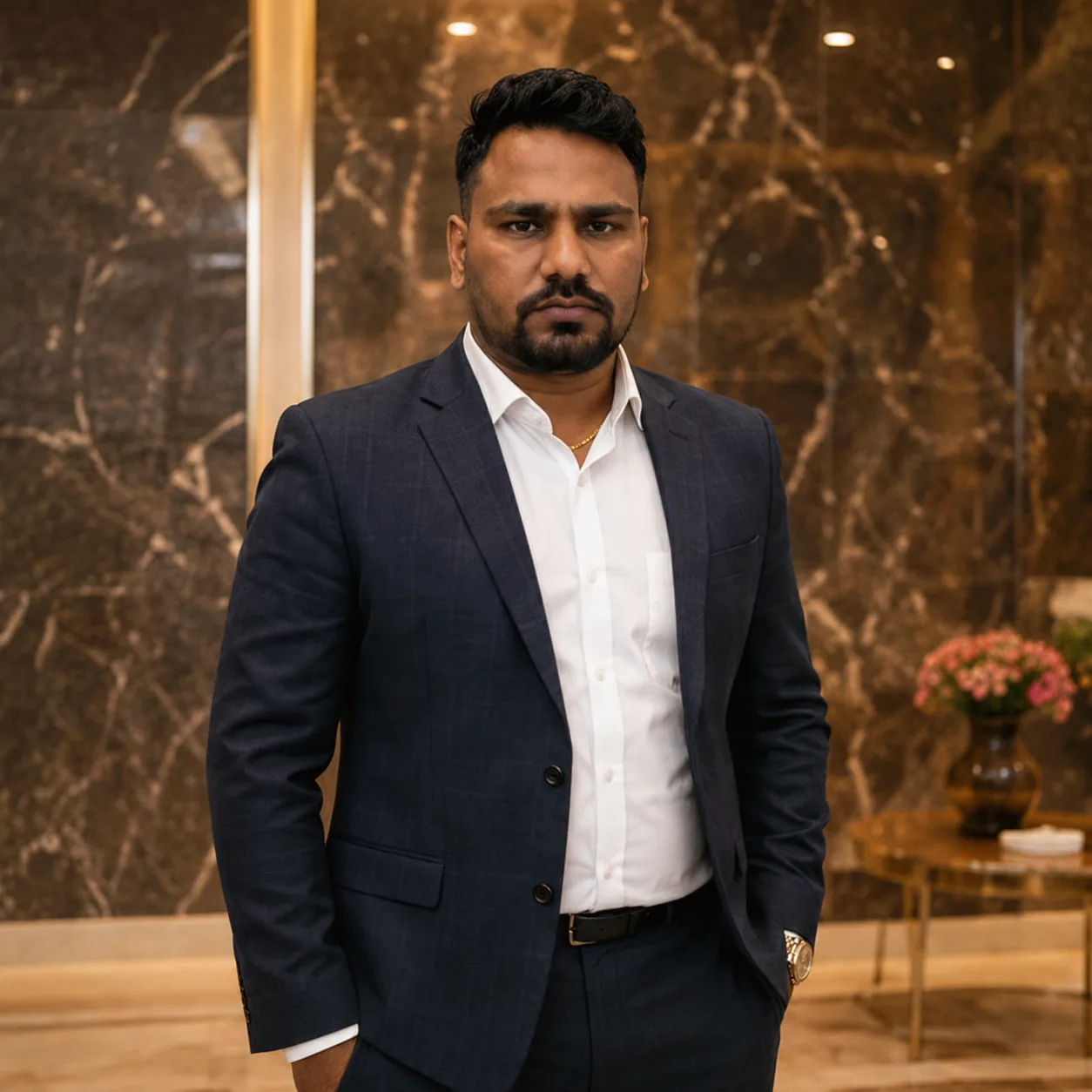 Surya Kant Jha, Chairman of The Holidays Group - Chairman leadership portrait in a formal lobby